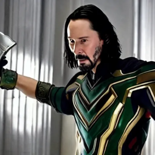 Image similar to film still of Keanu Reeves as Loki holding scepter in Avengers Endgame