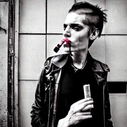 Prompt: androgynous punk smoking cigarette outside bar, photo iphone