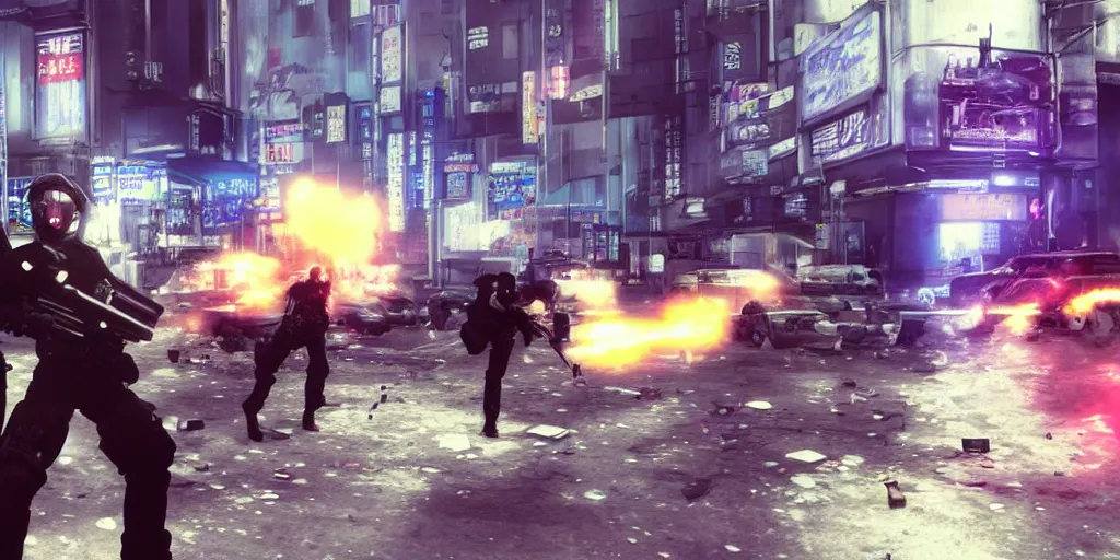 Image similar to 2001 Video Game Screenshot, Anime Neo-tokyo Cyborg bank robbers vs police, Set in Cyberpunk Bank Lobby, bags of money, Multiplayer set-piece :9, Police officers hit by bullets, Police Calling for back up, Bullet Holes and Blood Splatter, :6 ,Hostages, Smoke Grenades, Riot Shields, Large Caliber Sniper Fire, Chaos, Cyberpunk, Money, Anime Bullet VFX, Machine Gun Fire, Violent Gun Action, Shootout, Escape From Tarkov, Intruder, Payday 2, Highly Detailed, 8k :7 by Katsuhiro Otomo + Studio Gainax + Sanaril : 8