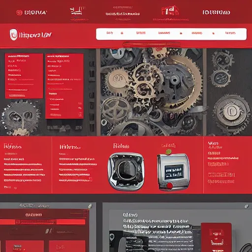 Prompt: a full ux layout of a steampunk mechanical dog dashboard and marketplace site design, red theme.