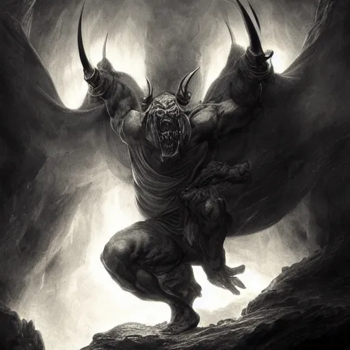 Image similar to full body, grayscale, muscled humanoid balrog demon, horns, claws, large horned tail, heroic pose, flames, fire, tarot, Gustave Dore, Greg Rutkowski,