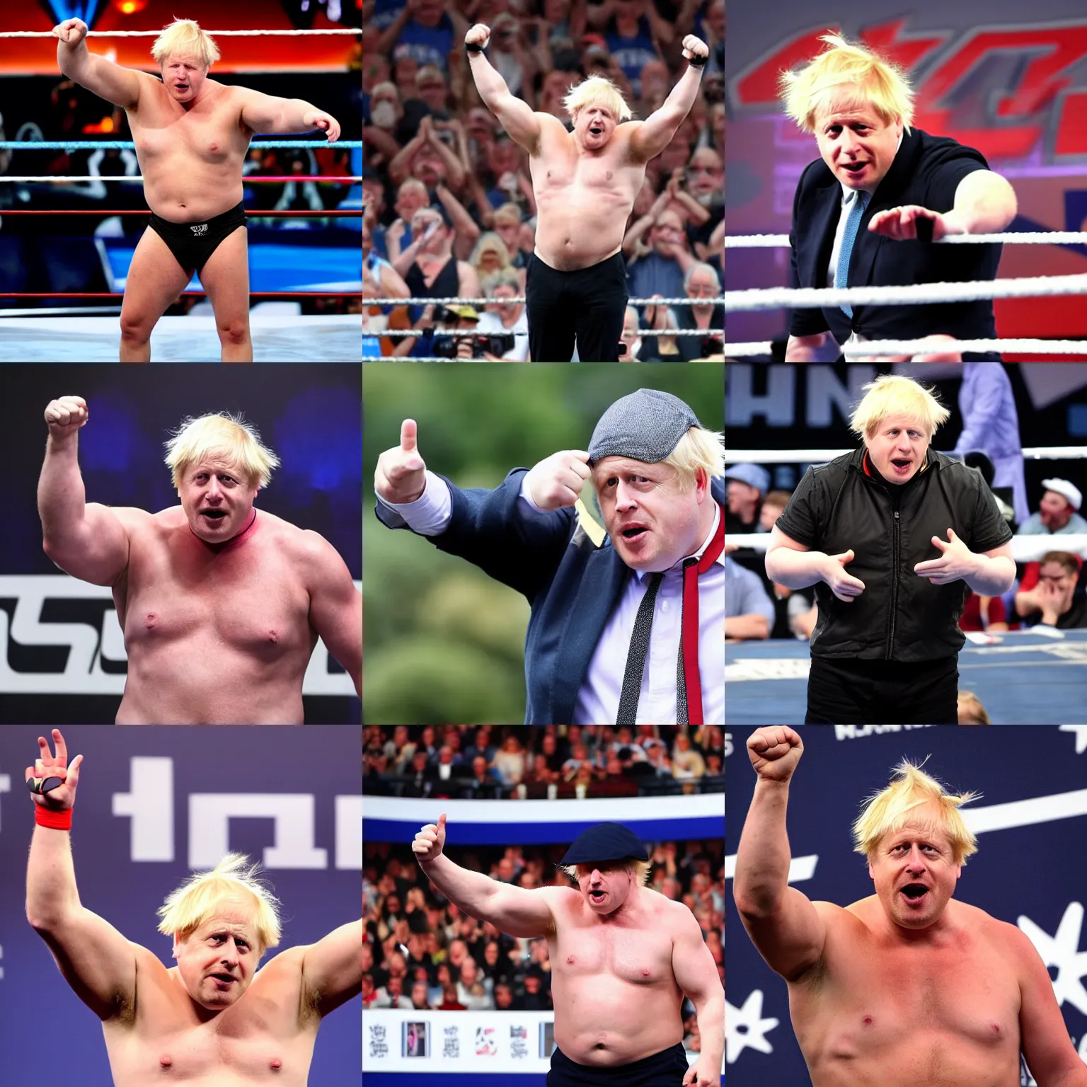 Prompt: boris johnson as an angry muscular wwe wrestler wearing a cap hat. he is waving one hand in front of his face