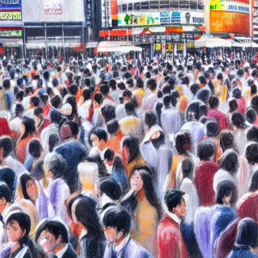Prompt: the masses cross shibuya crossing, oil on canvas, vibrant pastel, muted visual composition