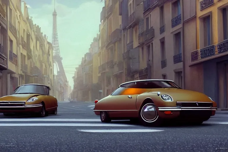 Image similar to a wholesome beautiful animation key shot of!! one!! focused!! 1 9 7 4 citroen ds!! in a paris street, medium wide shot, studio ghibli, ( pixar ) and disney animation, sharp, very detailed, high resolution, rendered in unreal engine 5, anime key art by greg rutkowski, bloom, dramatic lighting