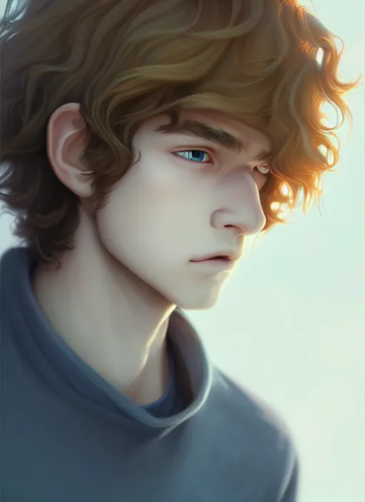 Image similar to young man with medium - length, curly, golden hair, sorrow, perfectly proportioned face, aquamarine eyes, natural lighting, path traced, highly detailed, high quality, cartoon, digital painting, by new haicheng and studio ghibli