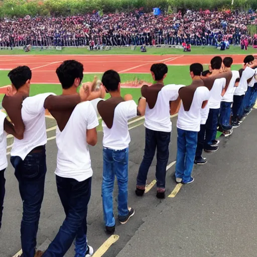 Image similar to beautiful boys, human chain join from the back and front