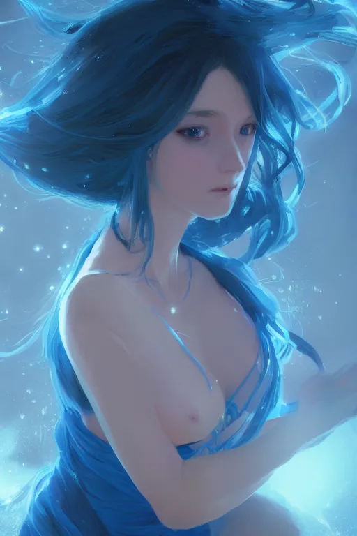 Prompt: 4k centered detailed portrait of a beautiful intimate woman with long blue cosmic hair and a beautiful blue dress, by Greg Rutkowski and ross tran. Anime, volumetric lighting