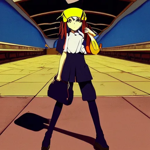 Image similar to anime girl with very large beret, beret over eye, cel - shading, 2 0 0 1 anime, flcl, jet set radio future, golden hour, underground facility, underground tunnel, pipes, rollerbladers, rollerskaters, cel - shaded, strong shadows, vivid hues, y 2 k aesthetic