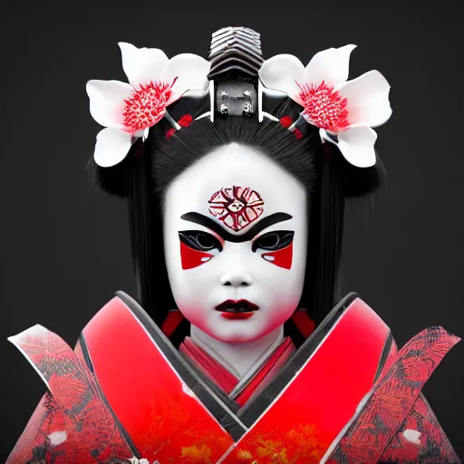 Image similar to geisha warrior ornated armor war paint, detailed, jewelry, sakura,photograph, award wining, red and white, trending on artstation, 4k, unreal engine 5, octane render, neon highlights