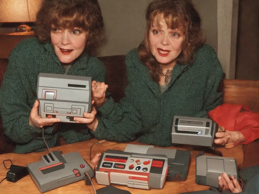 Image similar to log lady from twin peaks with a nes video game console