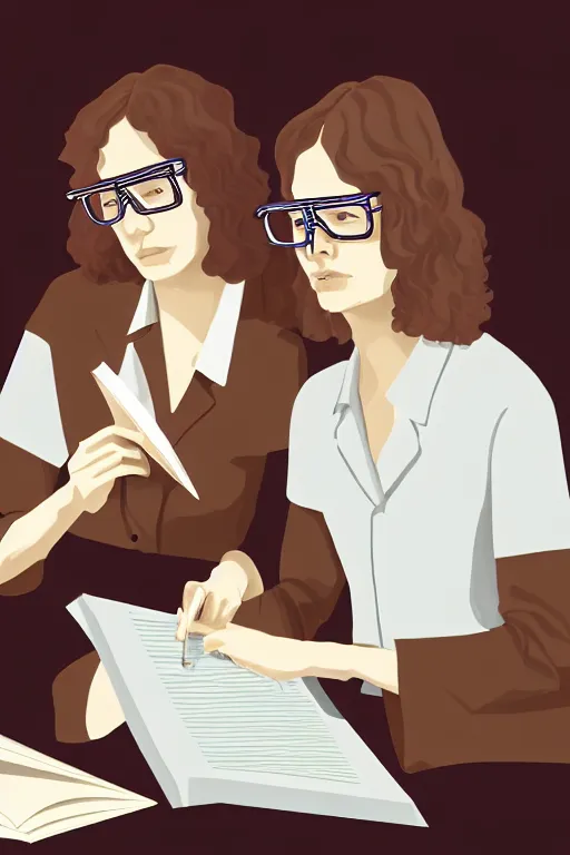 Prompt: portrait of two wise and very beautiful women scientists reviewing some texts, intricate, elegant, highly detailed, smooth, sharp focus, artstation