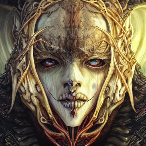 Prompt: Elden Ring themed painting of hybrid majestic biomechanical satanic cultist human beautiful undead angel symmetrical face angry mask closeup face breathing mask tattoo pattern golden ratio concept, deep forest psytrance Neo-Gothic concept, infinity glyph waves, intricate artwork masterpiece, very coherent artwork, cinematic, full frontal facial features by Artgerm, Takato Yamamoto, Zdizslaw Beksinski, Johnatan Wayshak, Moebius, Ayami Kojima, very anatomically coherent artwork, trending on cgsociety, ultra high quality model, production quality cinema model, high detail chromatic ink outline, octane render, unreal engine 8k, hyper realism, high detail, octane render, unreal engine, 8k, High contrast