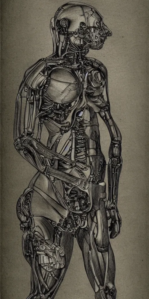 Image similar to futuristic cyborg anatomy drawing by da vinci