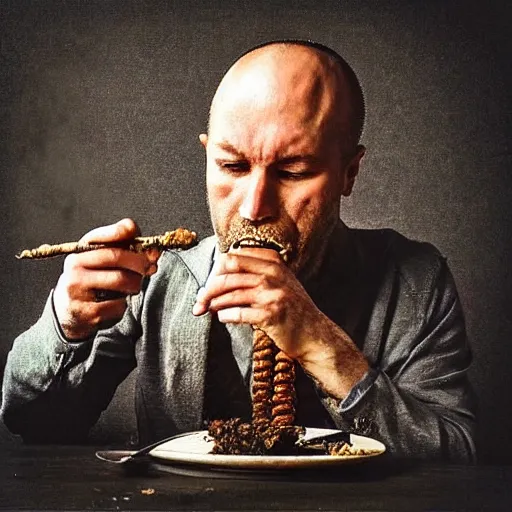 Image similar to “ a stern businessman eating a bowl of rusty nails. ”