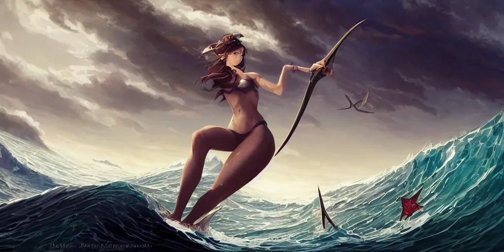 Image similar to close up of a extremely beautiful and aesthetic shark tooth girl holding a symmetrical trident on the horizon, model pose, slightly smiling, big wave, big blade whale fighting against thorn sharks flying on the background, epic scene, fantasy illustrations, by peter mohrbacher and makoto shinkai and ferdinand knab