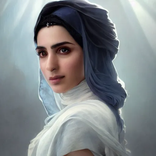 Image similar to a Photorealistic dramatic hyperrealistic render of an arab ameera al taweel, blue eyes, black wavy hair, white veil,by WLOP,Artgerm,Greg Rutkowski,Alphonse Mucha, Beautiful dynamic dramatic dark moody lighting,shadows,cinematic atmosphere,Artstation,concept design art,Octane render,8K