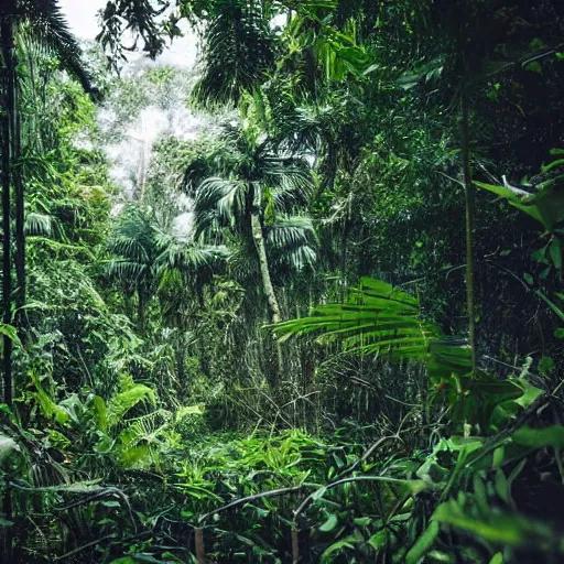 Image similar to an abandoned themepark in the middle of jungle, moody, monkies walking around, very late at night, sty full of skies, atmospheric, scary