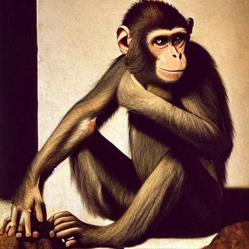 Image similar to a monkey lost deep in thought, portrait, by caravaggio