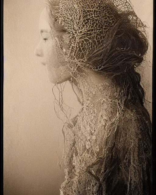 Image similar to a woman's face in profile, long flowing hair entwined in a coral reef, made of intricate decorative lace leaf, in the style of the dutch masters and gregory crewdson, dark and moody