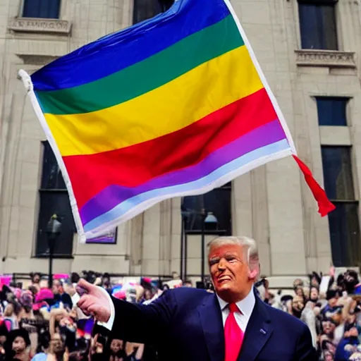 Prompt: donald trump holding up a gay pride flag