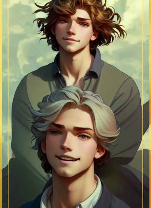 Image similar to young man with medium - length, curly, golden hair, perfectly proportioned face, aquamarine eyes, sweet smile, natural lighting, path traced, highly detailed, high quality, cartoon, digital painting, by new haicheng and ross tran and studio ghibli and alphonse mucha