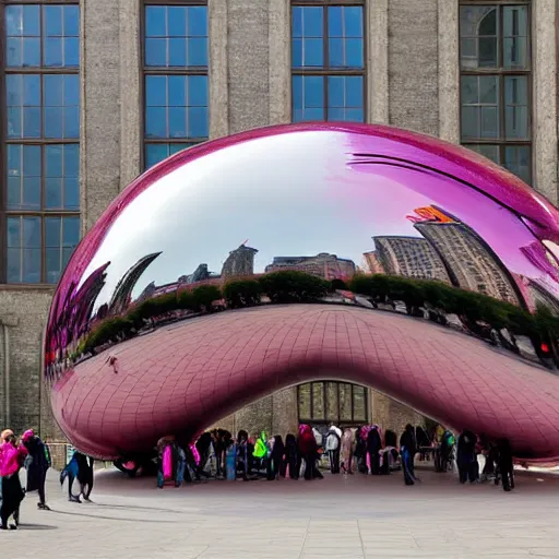 Image similar to the bean sculpture by anish kapoor painted pink, photograph, high resolution