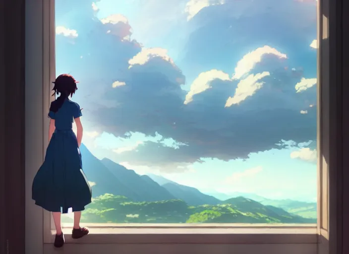 Image similar to a girl standing in a dress looking out a window at mountains, large storm clouds on the horizon, landscape, by makoto shinkai an krenz cushart