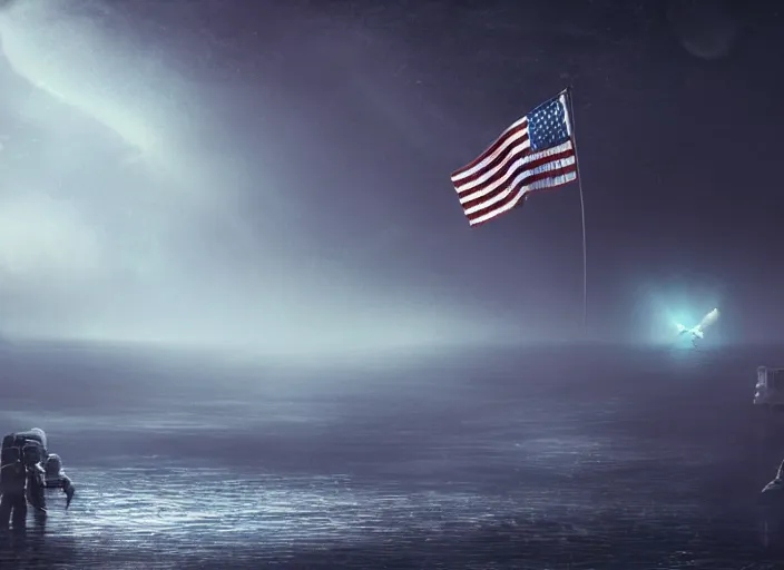 Image similar to astronaut holding a flag in an underwater desert. a submarine is visible in the distance. dark, concept art, cinematic, dramatic, atmospheric, 8 k, trending on artstation, blue, fish, low visibility, fog, ocean floor, christopher nolan, interstellar