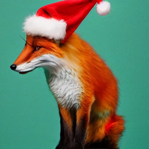 Prompt: a close up, studio colour photograph of a fox wearing a christmas hat