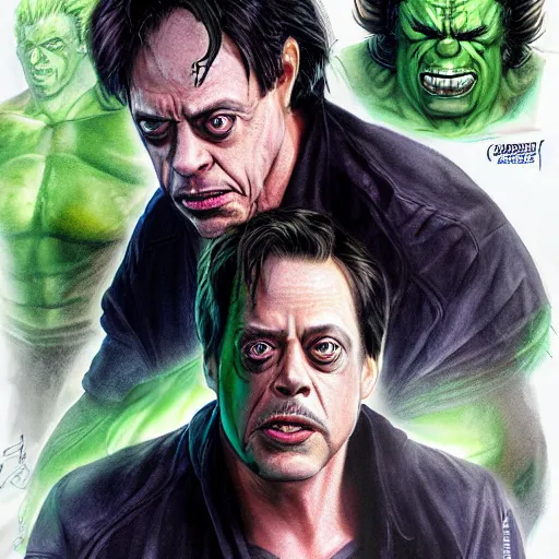 Image similar to steve buscemi as bruce banner turning into the hulk, multiple transformation phases, concept art, by artgerm and luis royo