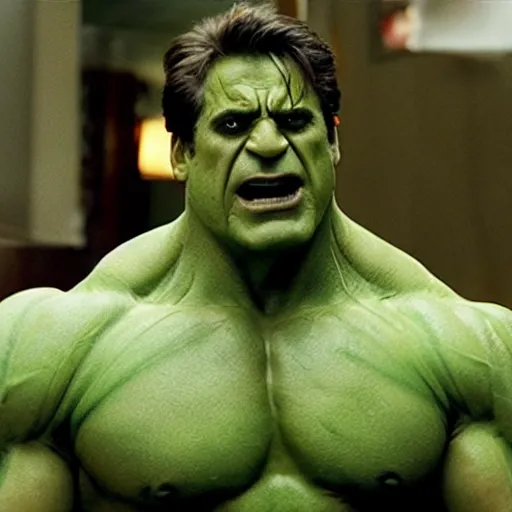 Prompt: steve carell as the incredible hulk, movie still