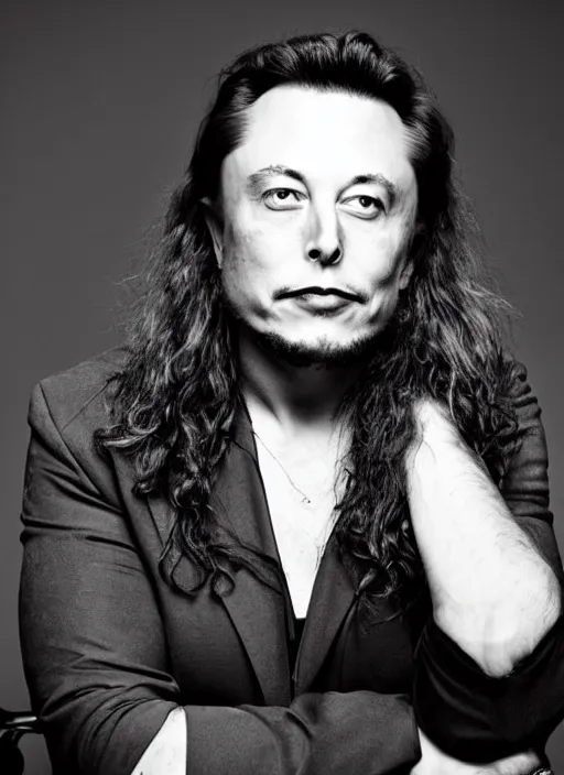 Prompt: A black and white, high contrast portrait of Elon Musk. He has very long hair and a beard. Looks like an old hippie