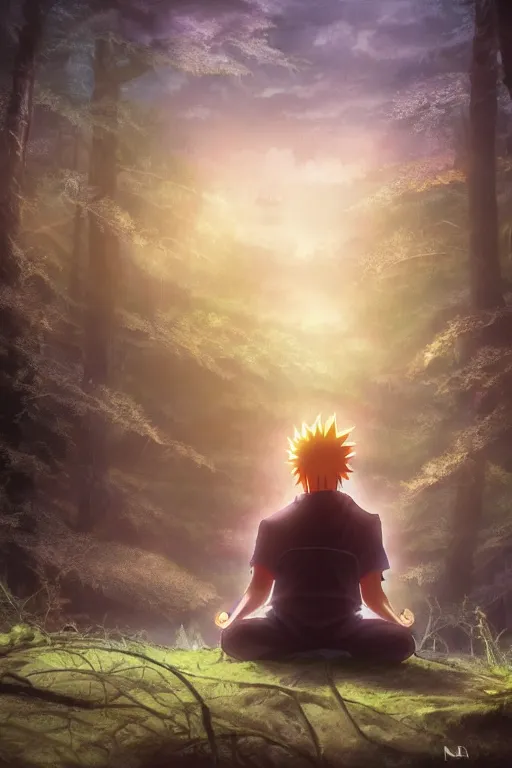 Image similar to photorealistic dark fantasy concept art of Naruto meditating in a forest, dynamic lighting, stunning visuals, realism, cinematic, hyper detailed, ultra detailed, beautiful visuals and sunset