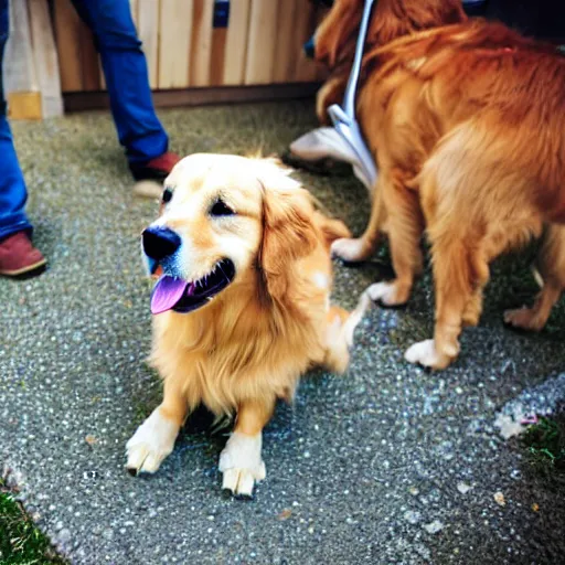 Prompt: a cheerful cartoon photo of a golden retriever who\'s just happy to be here