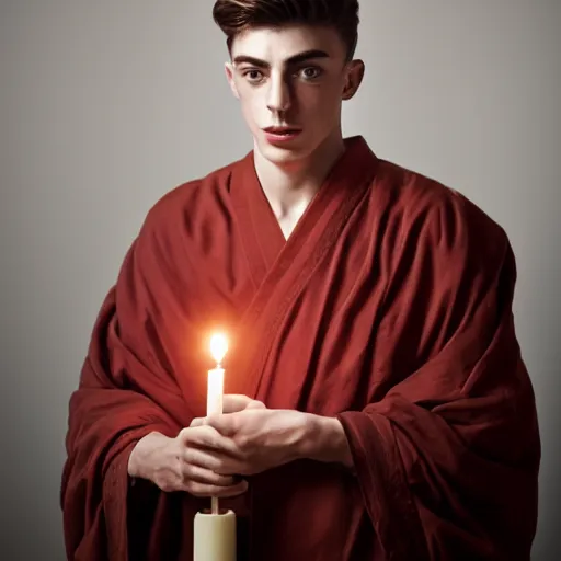 Prompt: attractive handsome kai havertz wearing monk robes holding ivory candlestick. natural lighting by ruan jia, portrait