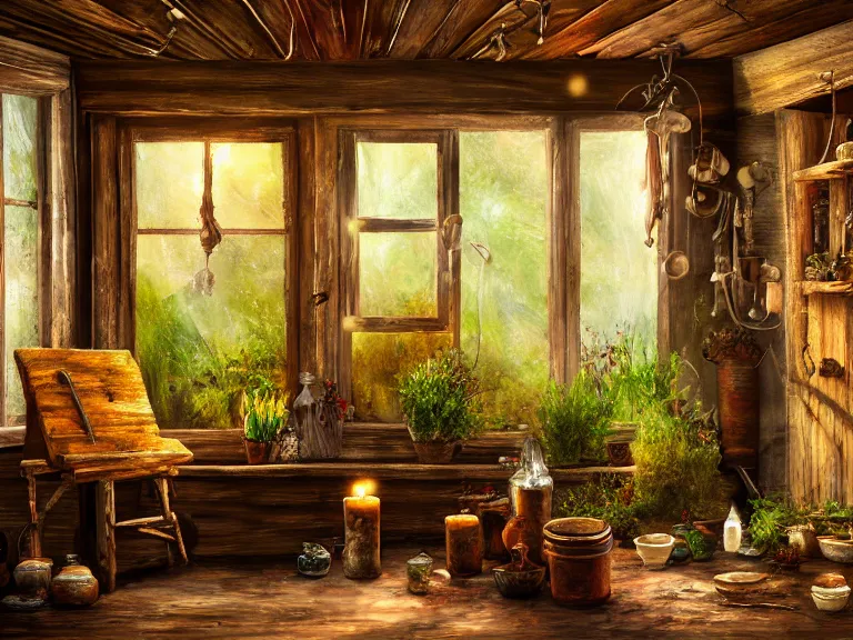 Image similar to expressive rustic oil painting, interior view of a cluttered herbalist cottage, waxy candles, wood furnishings, herbs hanging, light bloom, dust, ambient occlusion, morning, rays of light coming through windows, dim lighting, brush strokes oil painting