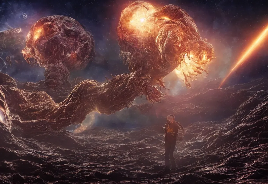 Image similar to eldritch horror bloody garfield in space, hd, 8 k, giant, epic, realistic photo, unreal engine, stars, prophecy, powerful, cinematic lighting, destroyed planet, debris, violent, sinister, ray tracing, dynamic, epic composition, dark, horrific, teeth, grotesque, monochrome drawing, hellscape