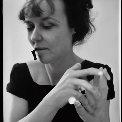 Image similar to a french woman holding a cigarette between her fingers, 1974, 35mm film, portrait