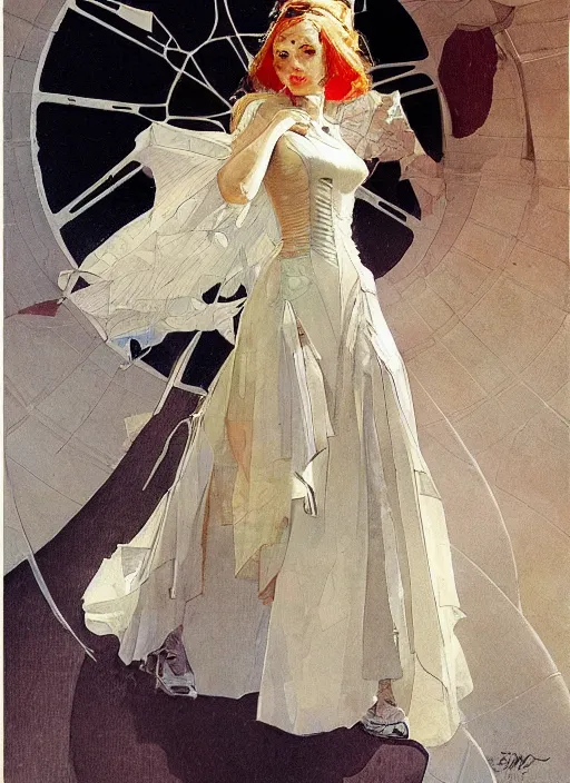 Prompt: a low angle copic maker art nouveau dystopian portrait of russian beautiful girl detailed features wearing a latex wedding dress with a puffy skirt designed by balenciaga by john berkey, norman rockwell akihiko yoshida