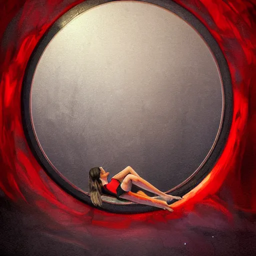 Image similar to Lydia Bielen full body laying in a blood red pool of water between a golden mirror frame, outside is space and inside the mirror frame is a beautiful landscape., physically accurate, dynamic lighting, intricate, elegant, highly detailed, digital painting, artstation, HR GIGER, Hieronymus Bosch, Francis Bacon, concept art, smooth, sharp focus, illustration, art by artgerm and greg rutkowski and alphonse mucha