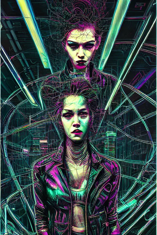 Image similar to dreamy cyberpunk girl, abstract black leather, digital nodes, beautiful woman, detailed acrylic, grunge, intricate complexity, by dan mumford and by alberto giacometti, peter lindbergh