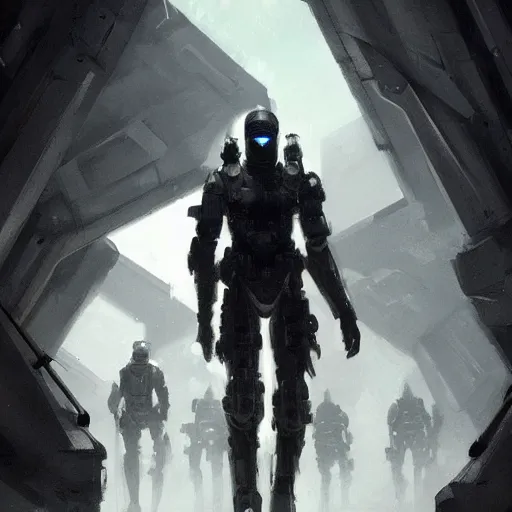 Image similar to concept art by greg rutkowski, soldiers wearing futuristic white and black tactical gear, running through a brutalist futuristic interior, dim lighting, detailed portraits, stressfull atmosphere, scifi, digital painting, artstation, concept art, smooth, sharp foccus ilustration, artstation hq