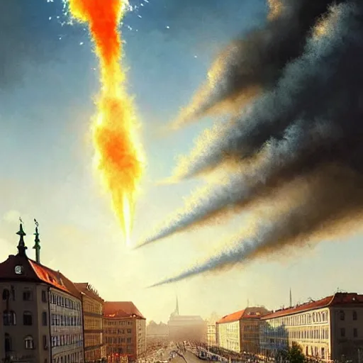 Image similar to , city of munich!!!, huge bright comet falling from the skies with smoke trail!!!, people in panic!!, hyperrealistic, highly detailed, cinematic, daylight, beautiful, cgssociety, artstation, 8 k, oil painting by greg rutkowski, by artgerm, by wlop