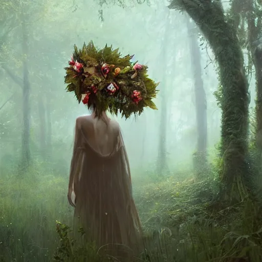 Image similar to forest creature, foliage cloak, flower crown, in an open forest, by Greg Rutkowski, trending on artstation, unreal engine, 4k, digital art