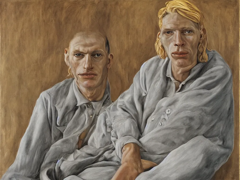 Image similar to portrait of a blonde Californian cult leader. Painting by Lucian Freud, August Sander.