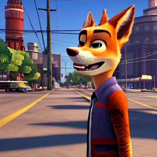 Image similar to Screenshot from the original Grand Theft Auto III featuring Nick Wilde (from Zootopia)