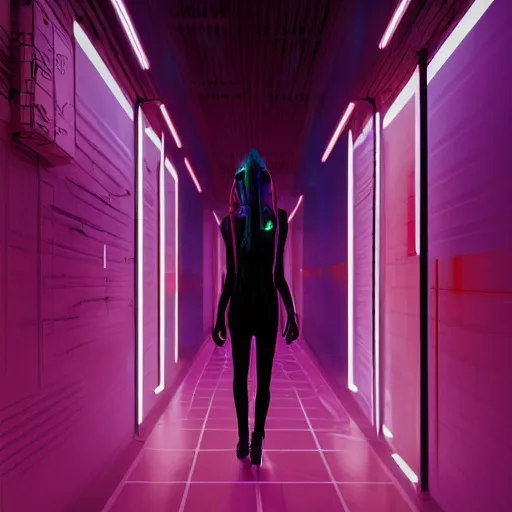 Prompt: a woman standing in a hallway with neon lights, cyberpunk art by beeple, cgsociety, retrofuturism, dystopian art, ominous vibe, futuristic