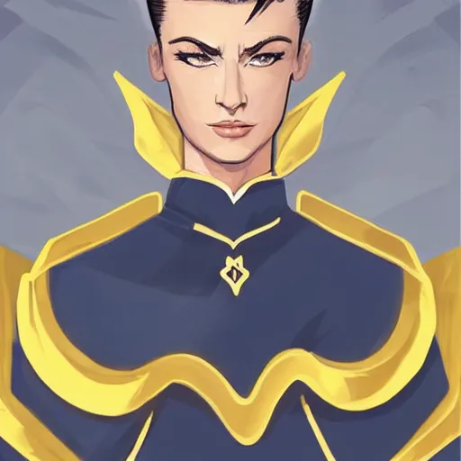 Prompt: character concept art of stoic heroic emotionless handsome blond butch tomboy woman with very short slicked-back hair, in princely white and gold masculine satin uniform with gold cape, science fiction, atompunk, illustration