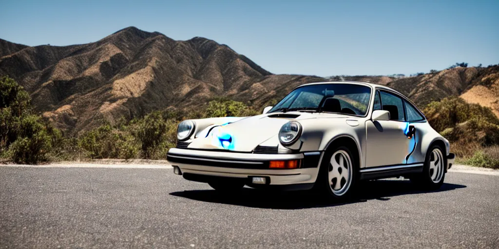 Image similar to photograph, debadged, 1989 PORSCHE 911, RUF, by Pete Biro, press release, cinematic, malibu canyon, 8k, depth of field, bokeh. debadged ,