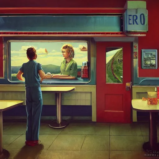 Prompt: a roadside diner open since the 7 0 s in ohio : with free coffee refills, daily specials, and a door you must never open, high quality high detail matte painting by david mattingly and norman rockwell and nc wyeth, hd, realistic, photorealistic lighting, composition and layout in the style of gregory crewdson, modern supernatural horror.